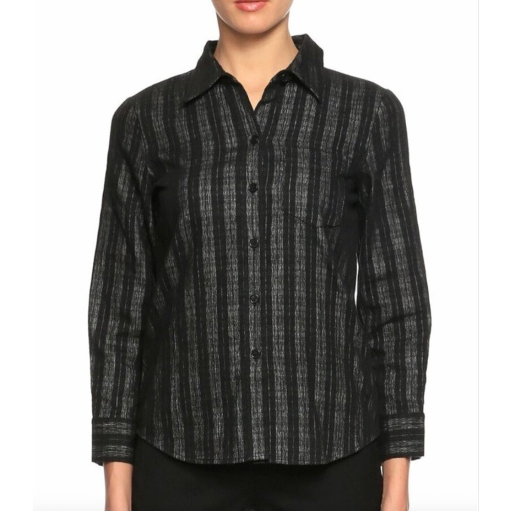 Theory Catris Charcoal Grey Striped Plaid Wool Blend Button Up Shirt Large